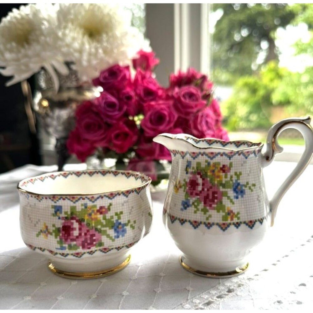 Vintage Royal Albert English Bone China Petit Point Creamer & Sugar Bowl